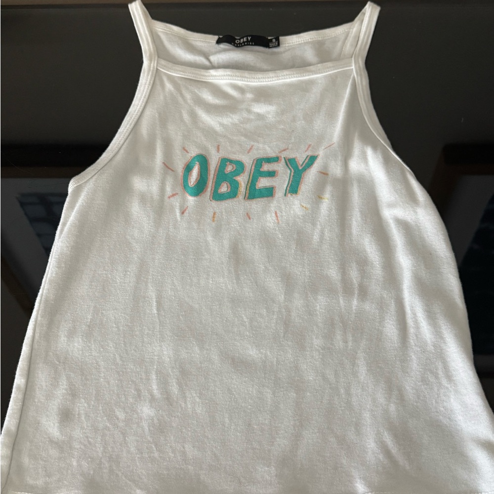 Obey Women's White Tank Top with Teal Logo